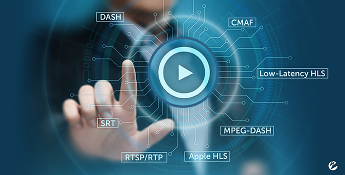 A person pushing a play button with streaming protocols listed around it, including: DASH, CMAF, Low-Latency HLS, MPEG-DASH, Apple HLS, RTSP/RTP, and SRT.