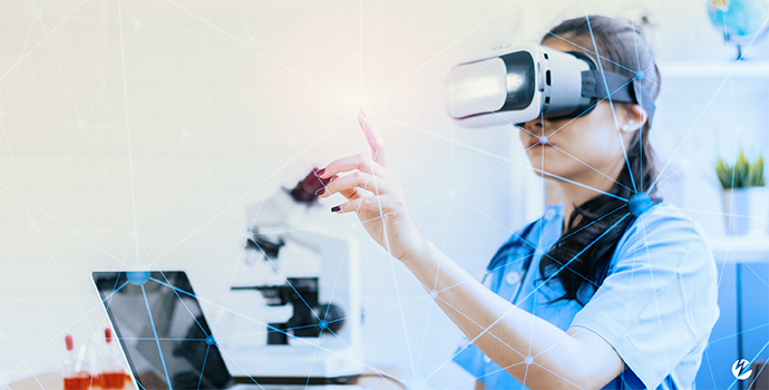 Woman wearing AR/VR glasses while standing